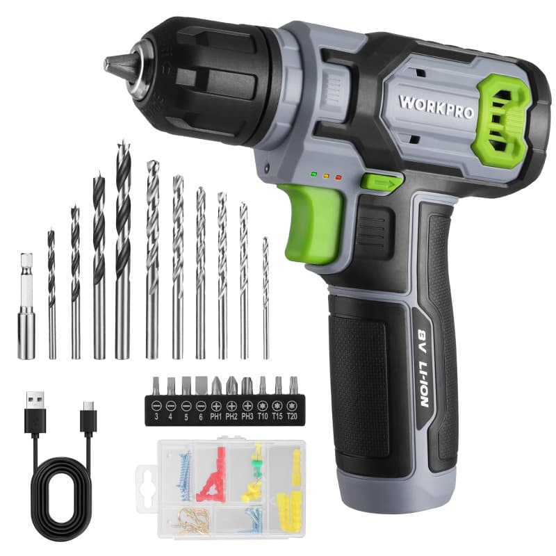 WORKPRO Perceuse Visseuse Sans Fil 8V, Visseuse Devisseuse Sans Fil Gris Vert, Accessoires 53 Pièces, avec Mandrin 10mm, LED Lum