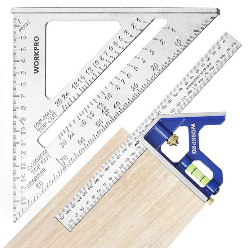 WORKPRO Equerre Menuisier 300 mm et Equerre Charpentier Triangulaire 180mm, Equerre Combinée avec Niveau à Bulle en Acier Inoxyd