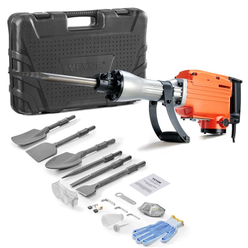 VEVOR Marteau de Démolition 2200 W Marteau-Piqueur 66 J 1350 BPM Marteau Perforateur avec 6 Burins Remplaçables Poignée Rotative
