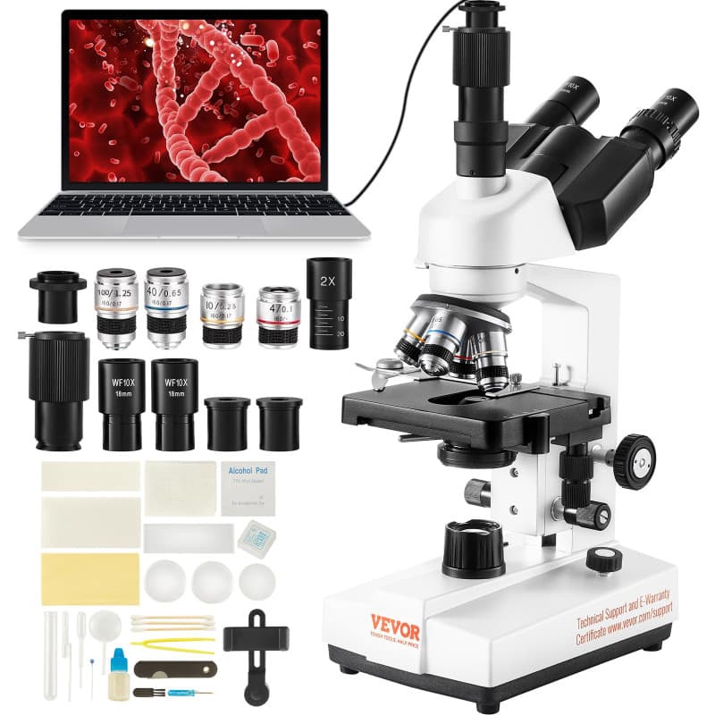 VEVOR Microscope Trinoculaire Composé 40X-5000X Microscope Biologique Mise au Point Grossière et Fine de Précision avec Platine