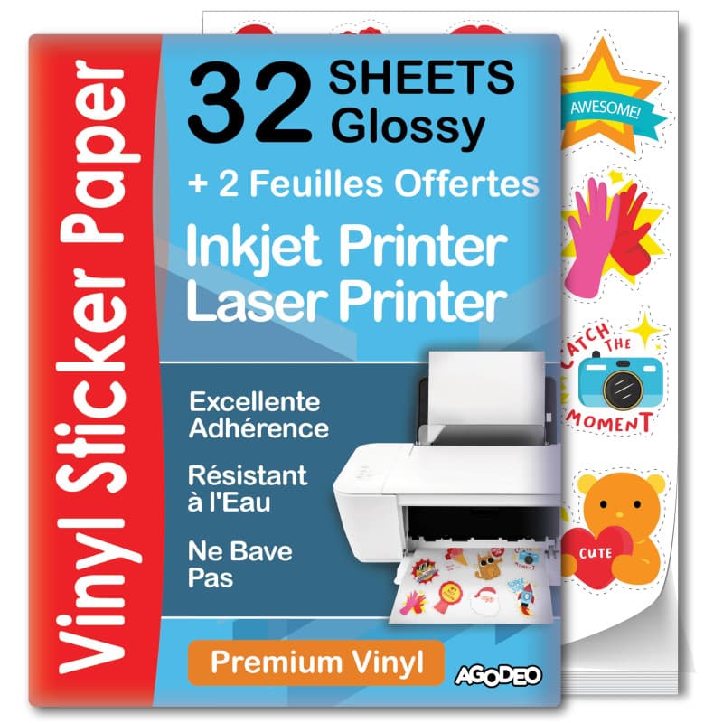 Papier autocollant en vinyle imprimable de qualité supérieure - 32 feuilles - A4 brillant - Imperméable - Papier autocollant en