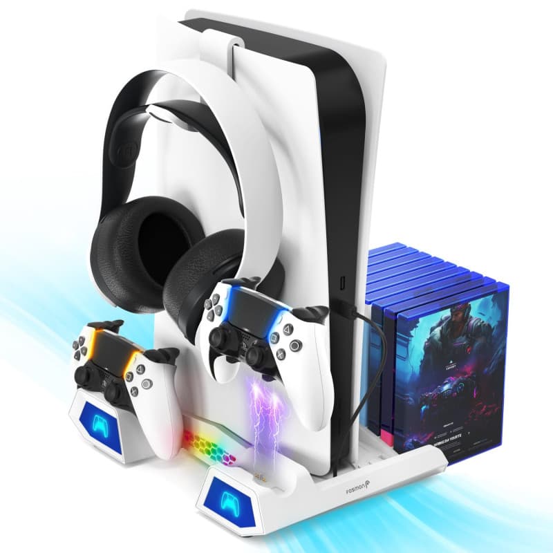 Station de Refroidissement avec Ventilateurs pour Console PS5 Slim, avec Double Station de Charge pour Manettes PS5, 10 Emplacem