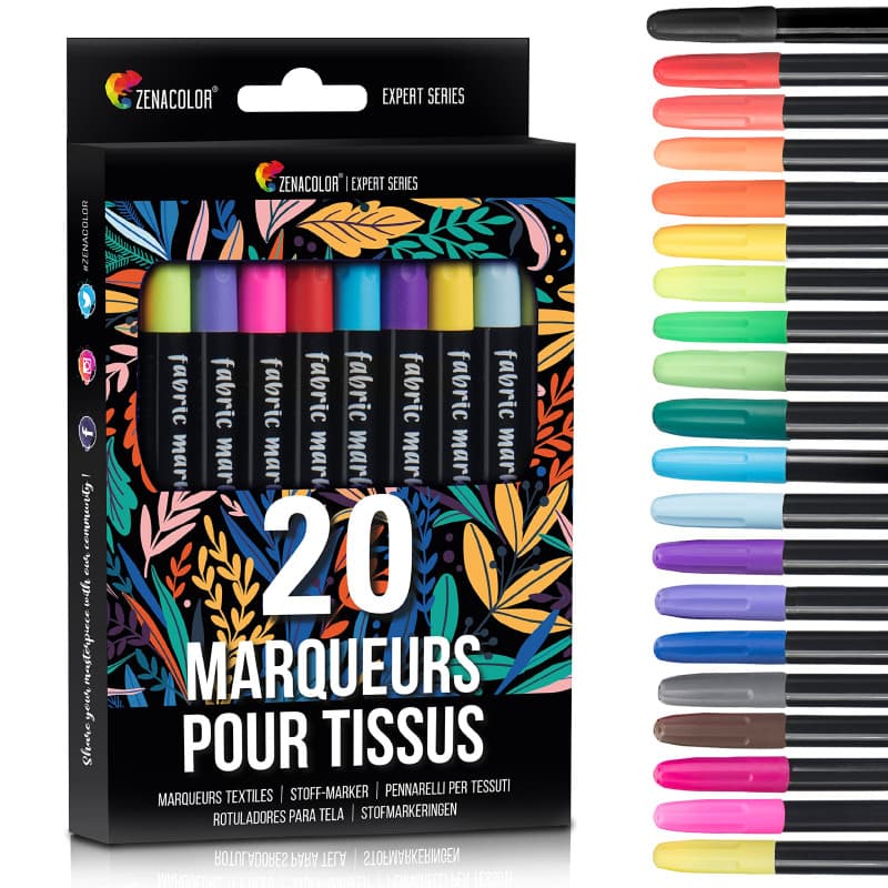 20 Marqueurs Textile et Tissu - Feutre Textile Non-Toxique, Indélébile et Permanent à Pointe Fine - Idéal pour T Shirt, Sac Tiss