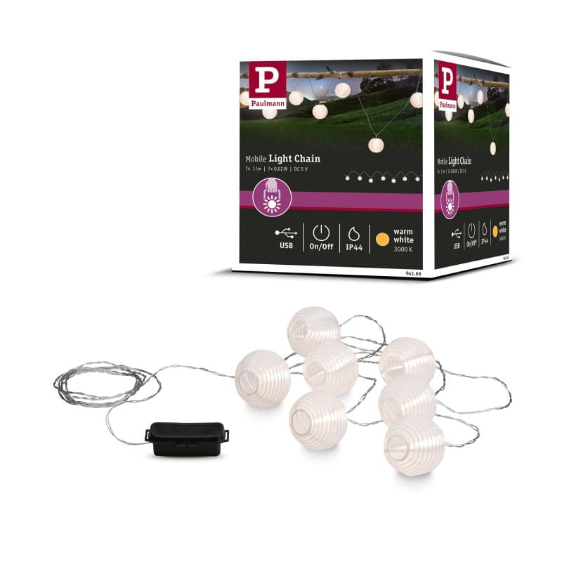 Paulmann 94166 luminaire rechar. LED Outdoor guirl. Mobile 7 pce Lampion incl.7x0,02W IP44 lumin. Mobile Blanc lampe à batt. pla