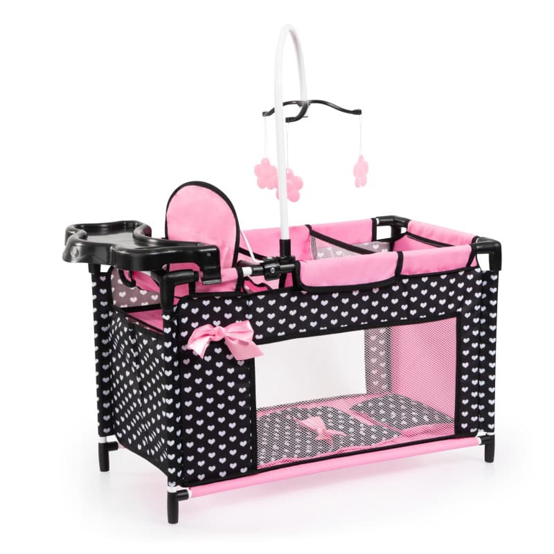 Bayer Design 62660AA Lit de poupée avec Chaise Haute intégrée, Table à Langer, Mobile, Noir, Rose