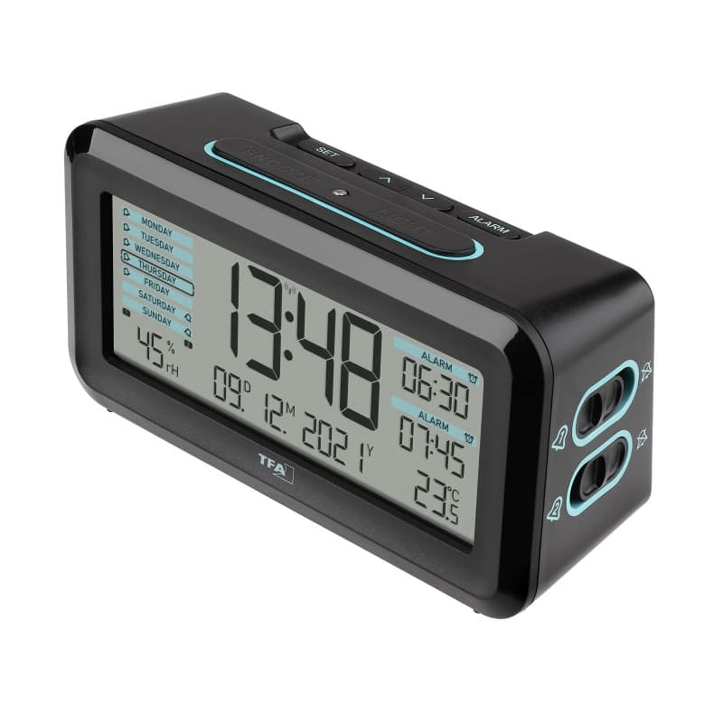 TFA Dostmann Réveil Radio-pilotée Boxx2 numérique, 60.2562.01.GB, avec Batterie, 2 Heures d'alarme, écran Anglais, avec Thermo-h