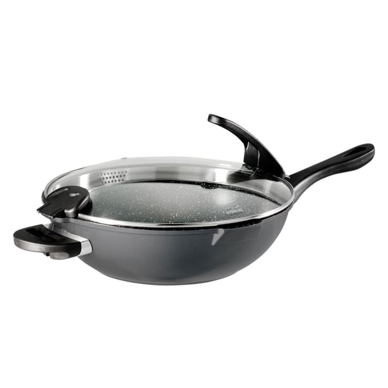 STONELINE Future Poêle Wok 32 cm, avec Couvercle Passoire et Poignée Amovible, Compatible à l'Induction et Four, Revêtement Anti