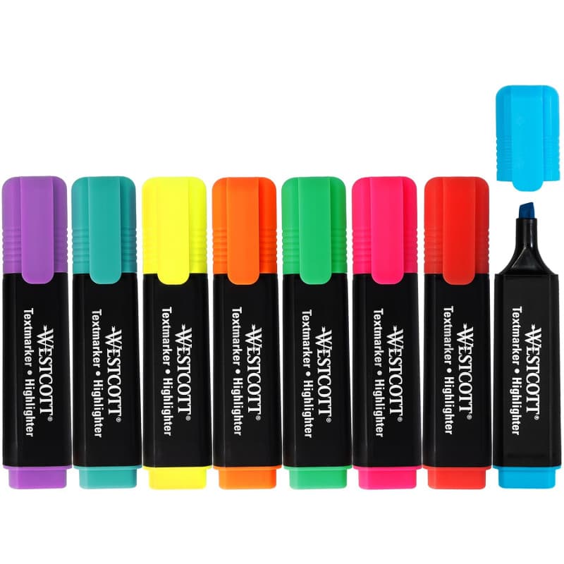 Westcott E-744252 00 Lot de 8 surligneurs aux couleurs vives Épaisseur de trait 2 à 5 mm Encre de qualité supérieure en provenan