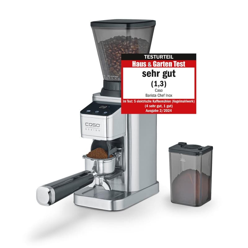 CASO BaristaChef Inox - moulin à café électrique, broyeur conique en acier inoxydable durable, avec support pour porte-filtre
