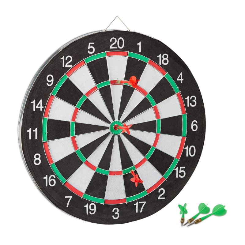 Relaxdays Cible de Fléchettes X2 43 cm Compétition Jeu de fléchettes avec 6 fléchettes, noir-blanc