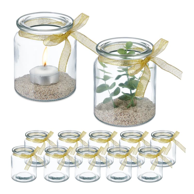 Relaxdays Photophores, Lot de 12, Verre, extérieur & intérieur, H x D: 9,5 x 8 cm, bougeoirs à nœud, Transparent - doré