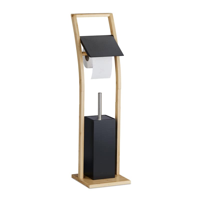 Relaxdays Serviteur WC, en Bambou, Non Fixe, Brosse et Porte-Brosse, H x L x P : 74 x 20 x 20 cm, Noir et Nature