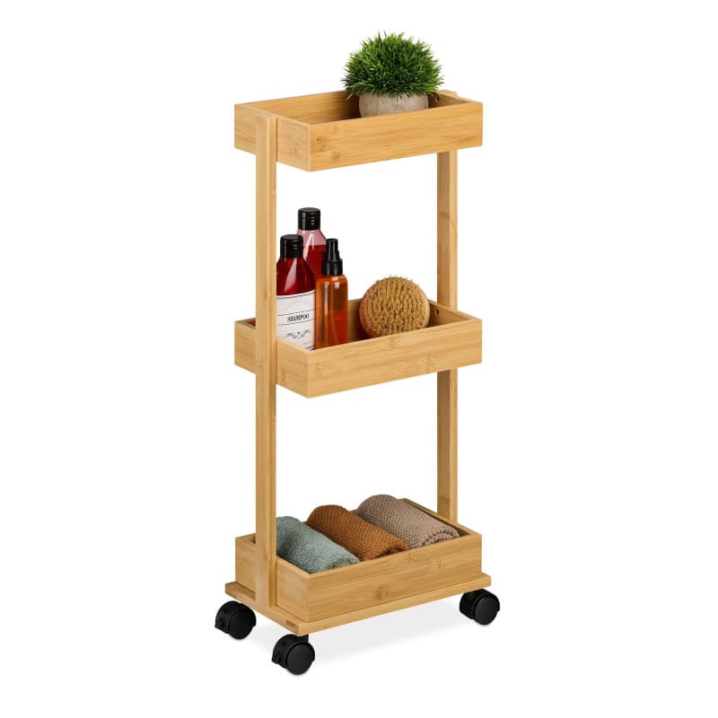 Relaxdays Desserte de Cuisine, Chariot en Bambou, 3 Niveaux, Hxlxp : 71,5x31x18 cm, 4 roulettes, Salle de Bain, Naturel