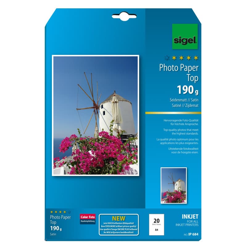SIGEL Ip684 Papier Photo Professionnel, Jet d'encre, Mate Satiné Format A4 (21 X 29,7 cm), 190G/M², 20 Feuilles
