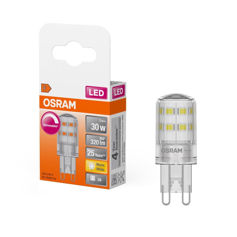 OSRAM Lampe LED PIN dimmable avec culot G9, blanc chaud (2700K), 350 lumens, verre clair, paquet individuel