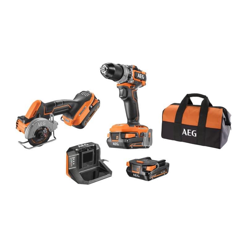AEG - Duo Brushless : Perceuse à percussion Brushless Subcompact 18V, mini scie multi-matériaux Brushless Subcompact 18V, 2 batt
