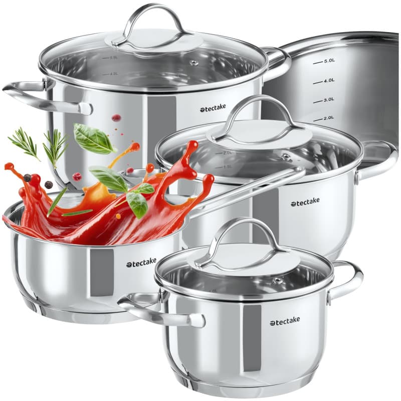 tectake® Set de casserole Inox Batterie de cuisine inox Casseroles & couvercle casserole 7 pcs. idéal Induction cuisinère gaz &