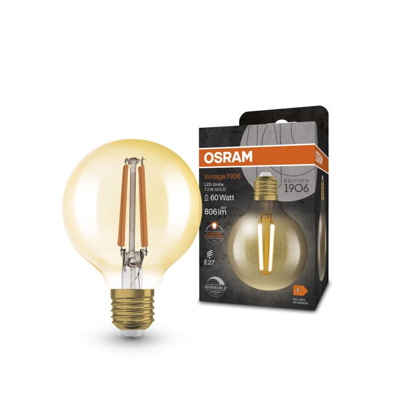 OSRAM Vintage 1906® Classic GLOBE80 FIL 60 LED lamp, E27, dimmable, spherical, gold, 7.2W, 806lm, 2400K, reduced warm white ligh
