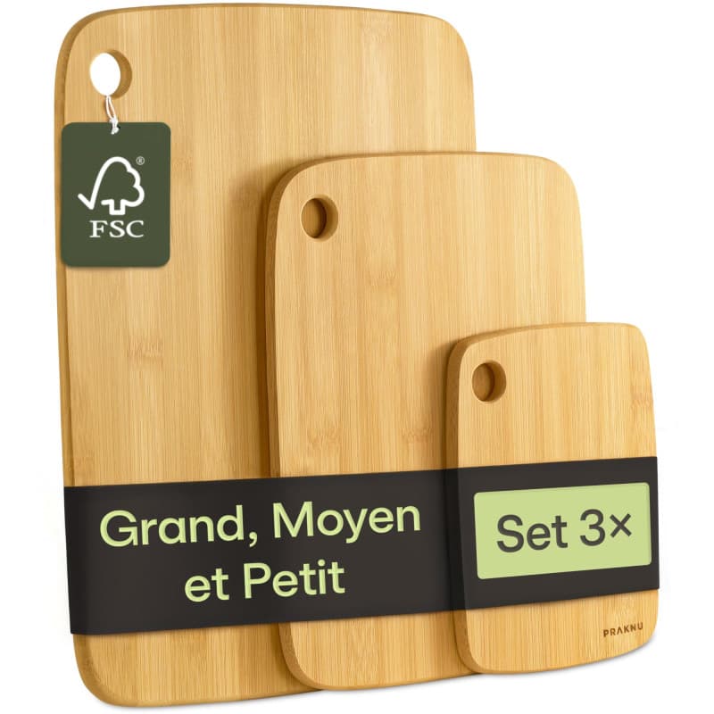 Praknu Planche à Découper en Bois - 3 Pièces de Planche Polyvalentes et Robustes en Bambou FSC® pour Légumes, Viande & Pain - Di