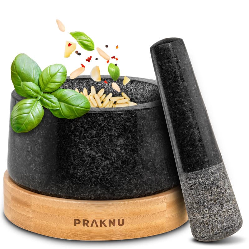 Praknu Mortier et Pilon de Cuisine Granit - Grand 400ml - Pour les épices et les herbes - Avec dessous de plat en bois FSC® N004