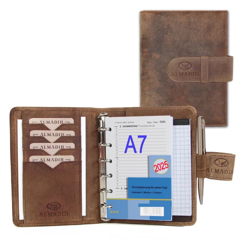 ALMADIH agenda personnel format A7 en cuir, calendrier 2025 + bloc-notes, marron vintage – Portefolio Porte documents Chemise de