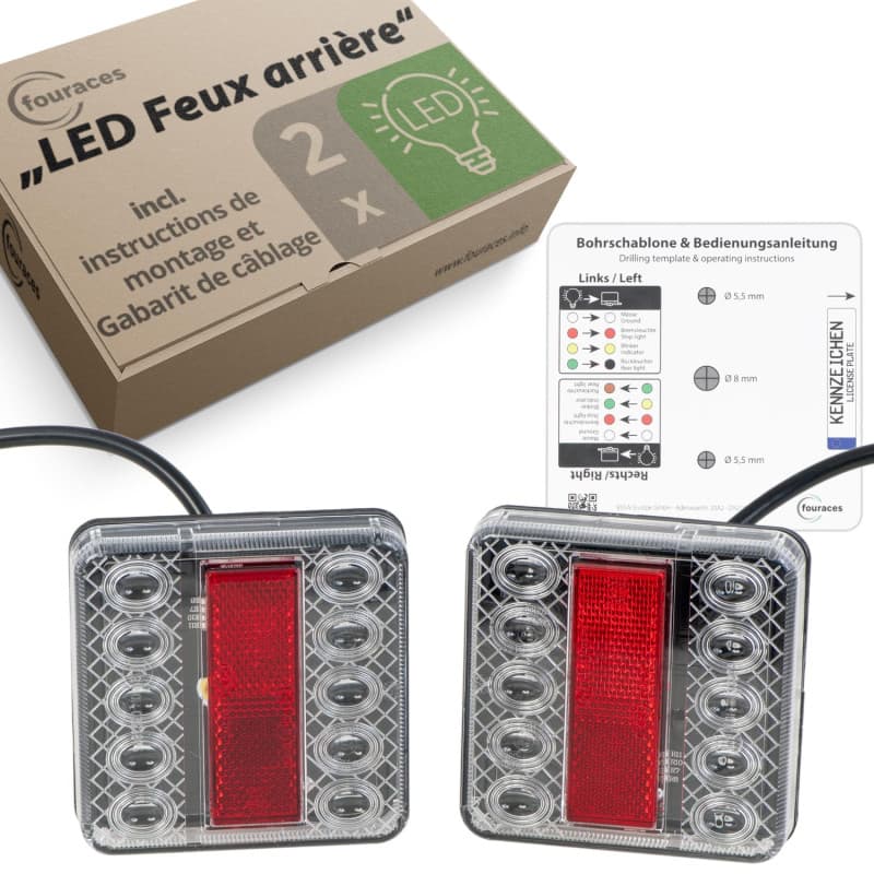 fouraces LED Feux arrière de remorque - 2 kits, avec schéma électrique et plaque d'immatriculation Eclairage, feu arrière, acces