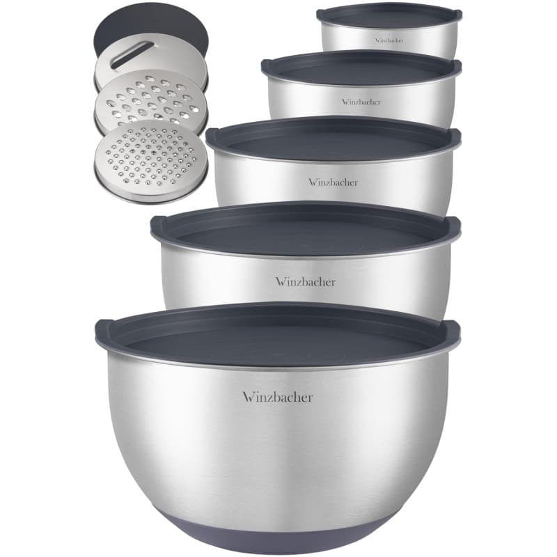 Winzbacher Lot de 5 saladiers en acier inoxydable avec couvercle - 1 l + 1,5 l + 2,5 l + 3,5 l + 4,5 l - Saladier - Antidérapant