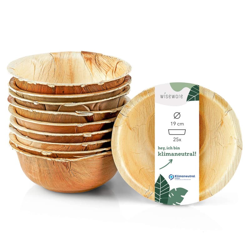 Wiseware - Lot de 25 bols jetables ronds en feuilles de palmier biodégradables - Diamètre 19 cm - Vaisselle de fête bio composta