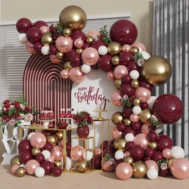 Guirlande de ballons, bordeaux, 159 pièces, ballons rouges, dorés, roses et blancs, pour fête d'anniversaire, fête prénatale, ma