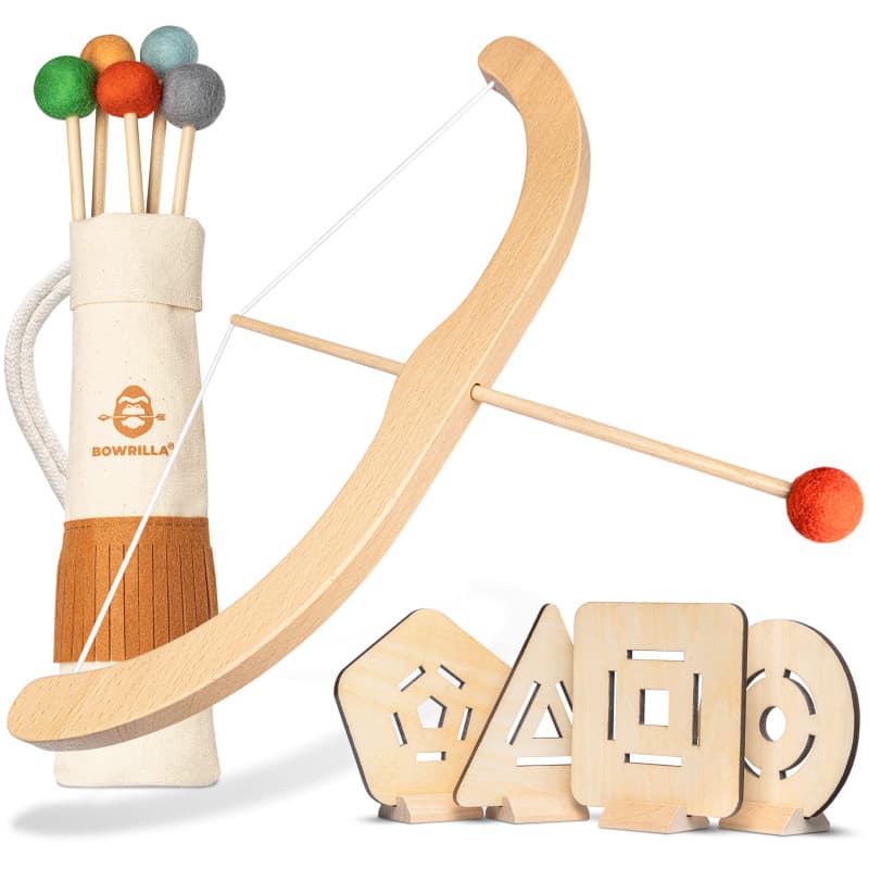 BOWRILLA® Arc et Fleches Enfant en Bois avec 5 Flèches, 4 Cibles et 1 Carquois | 3 LB Tir à l'arc pour Enfant (Intérieur et D'Ex