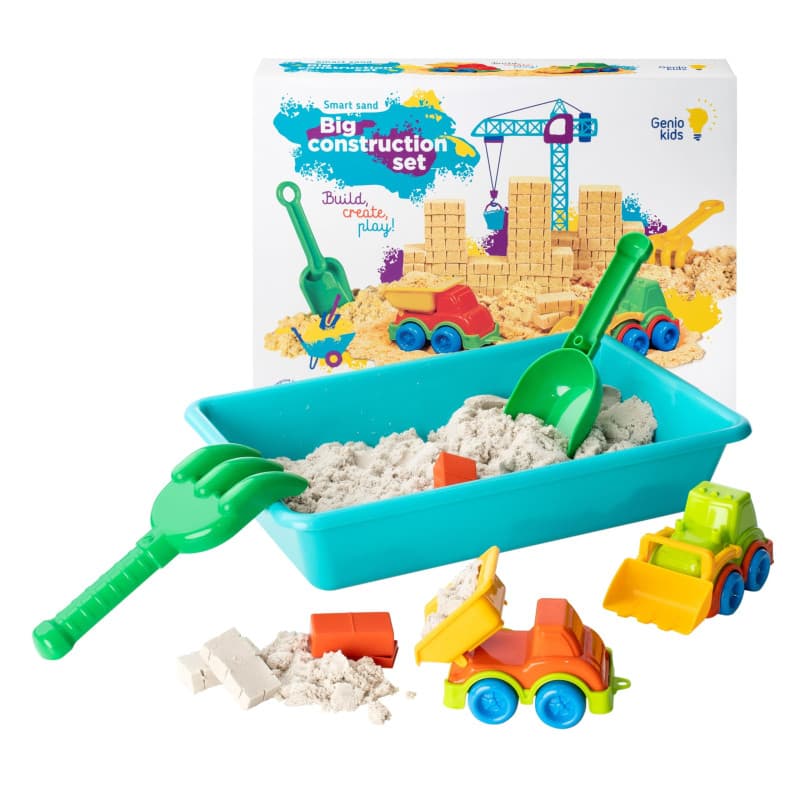 Kit Sable Magique Chantier de Construction 1Kg avec Bac à Sable, Camion, Tractopelle, Pelle, Râteau et Briques Sable magique pou