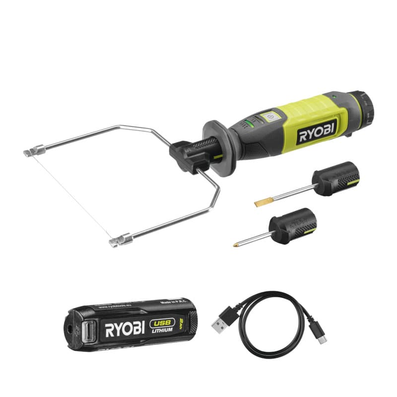 Ryobi - Coupeur à fil chaud 4V USB Lithium - 450°C - Livrée avec 5 accessoires - Câble USB-C & 1 batterie 4V 2,0 Ah USB Lithium