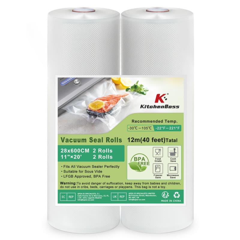 KitchenBoss Sacs Sous Vide Alimentaire:2 Rouleaux 28x600cm, Rouleau Sous Vide Alimentaire Convient à L'appareil de Mise sous Vid