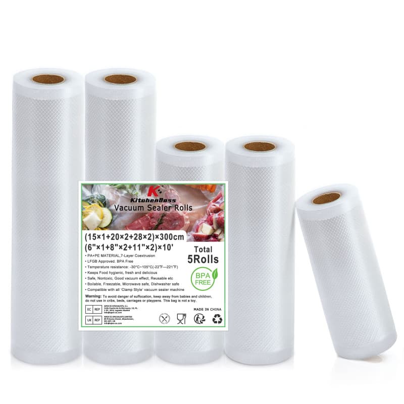 KitchenBoss Rouleau Sous Vide Alimentaire: Sac Sous Vide Alimentaire pour des Appareils de Mise Sous Vide, 5 Rouleaux 15/20/28x3