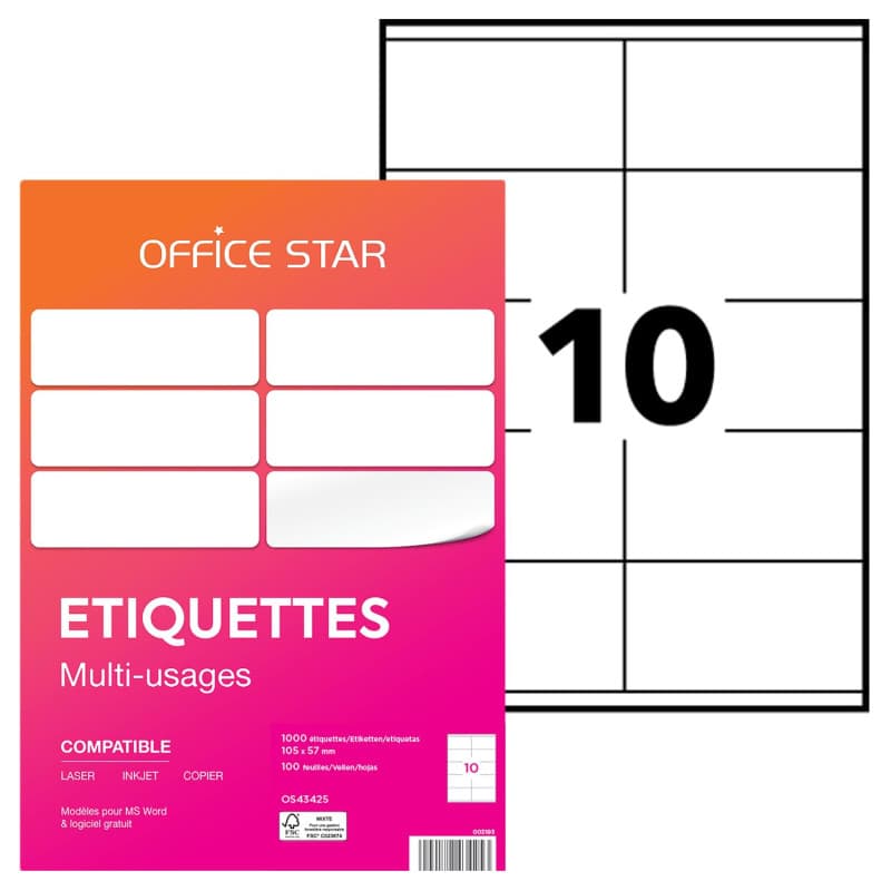 OFFICE STAR Étiquettes Autocollantes Imprimante A4 Blanches 6500, 38 x 21,2 mm - Personnalisables et Imprimables - Certifié FSC