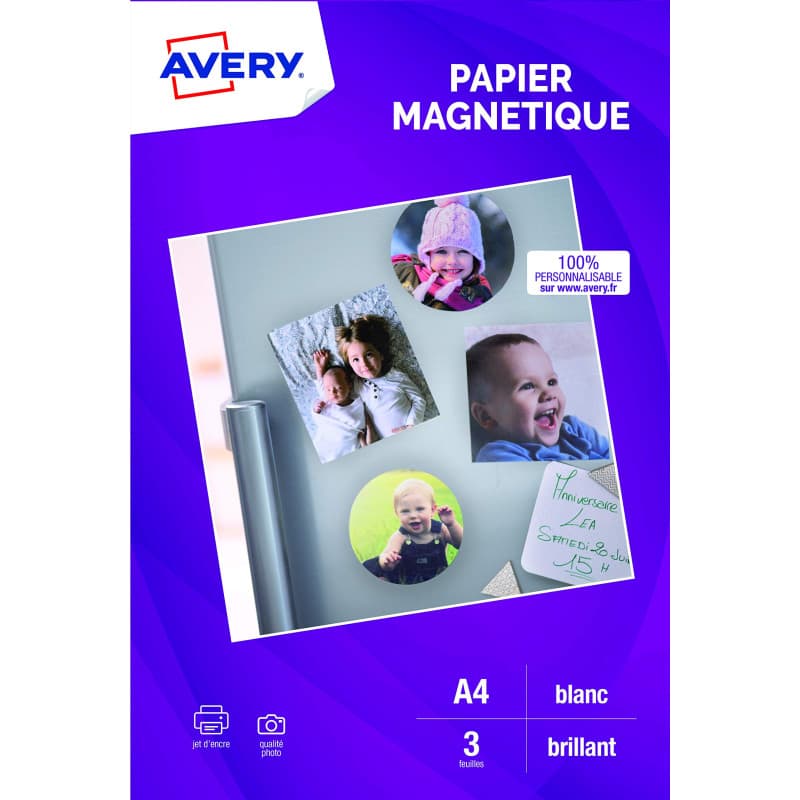 AVERY - 3 Feuilles Papier Magnétique Blanc Personnalisables - Format A4 - Comptaible Machine de Découpe - Impression Jet d’Encre