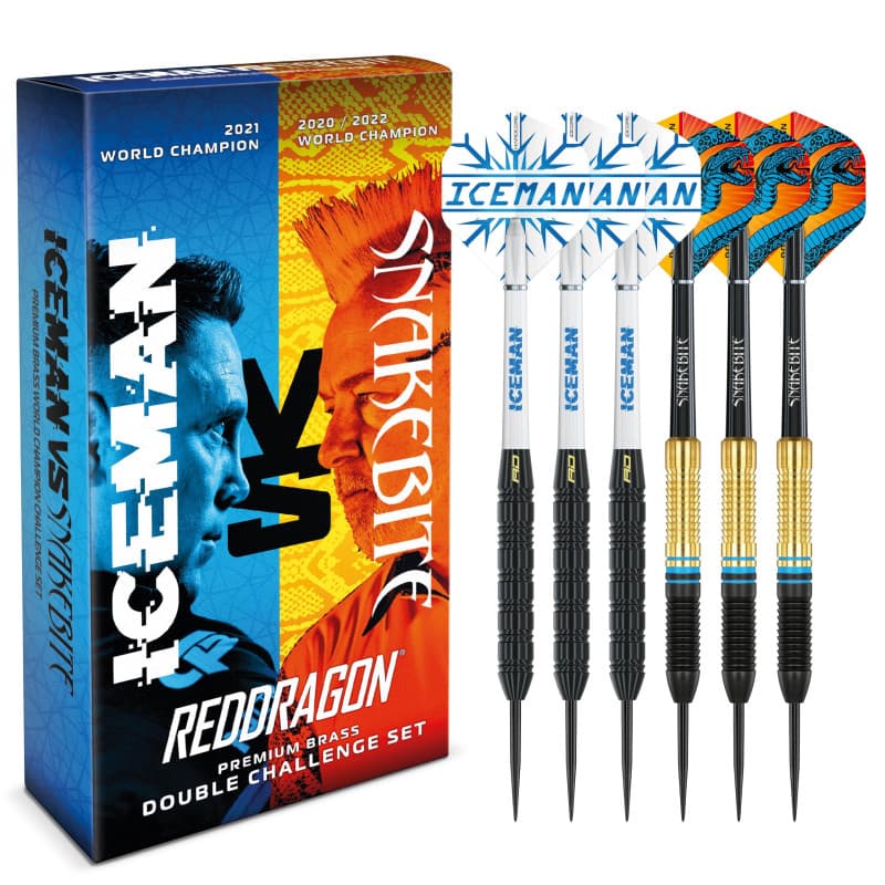 RED DRAGON Peter Wright « Snakebite » v Gerwyn Price 'Iceman' DWC Steel Tip Jeu de fléchettes en Laiton avec ailettes et tiges