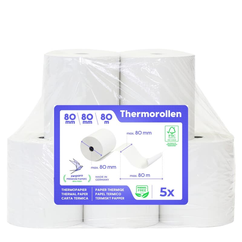 SWIPARO - Rouleaux thermiques 80mm x 80m x 12mm – Bobine papier thermique pour caisse enregistreuse avec imprimante de ticket -