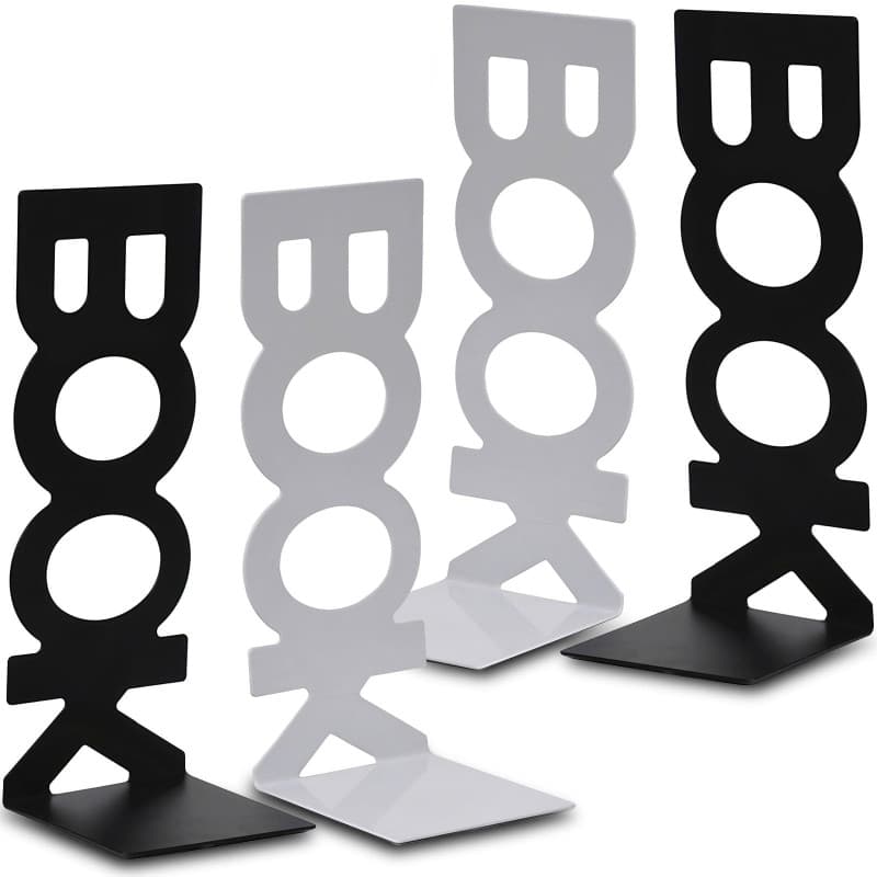 Serre Livres en Métal 2 Paires Serre-Livres pour étagères pour Bureaux, Écoles, Salons, Librairie et Bibliothèque (Noir et Blanc