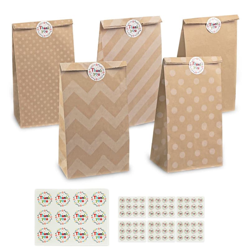 Newpop 50 pièces sachet kraft,sac papier kraft avec 84 autocollants, pochette cadeau pour emballer desserts et cadeaux, pochette