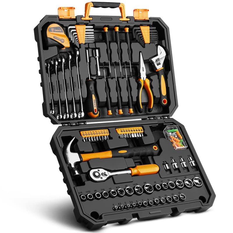 DEKO Caisse a Outil 128 Pièces, Malette Boite Coffret a Outils Complete Bricolage Avec Jeu Complet de Clés, Tournevis et Manchon
