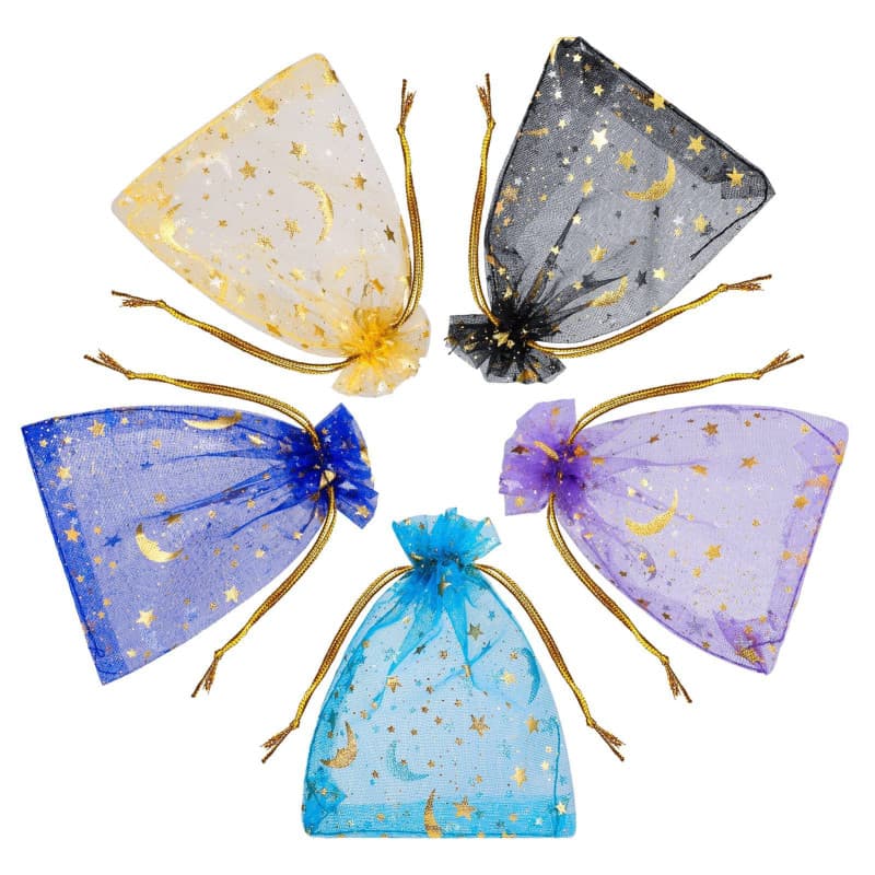 Fuyamp 100 pièces Sacs En Organza, 9 * 12cm Mélanger Couleur Organza Pochettes Sachet avec Motif étoile et lune Cadeaux Bijoux Q