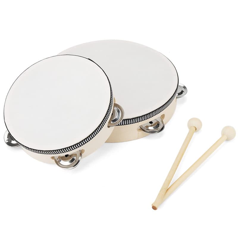MANCHAP Lot de 2 tambourins en bois de 2 tailles, tambourins à main en bois avec peau naturelle et clochettes, pour party dance