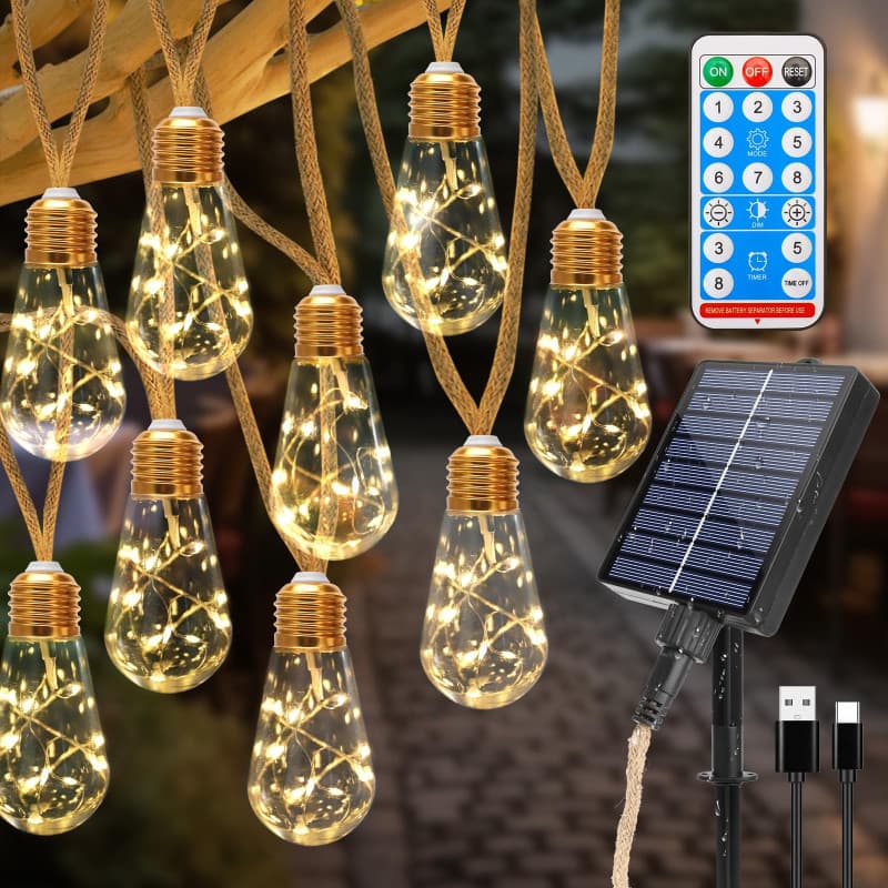 Coomoors Guirlande Lumineuse Exterieure Solaire avec 16 Ampoules, 8 M Blanc Chaud Chaîne Lumiere Exterieur 8 Modes IP65 Étanche