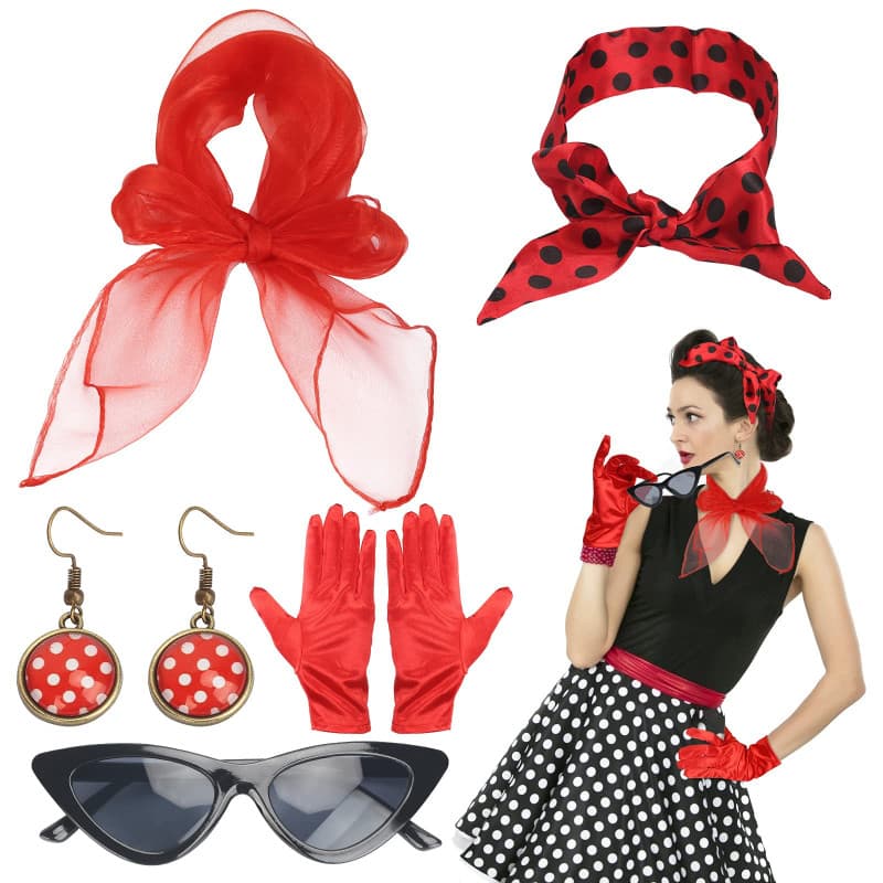 LOPOTIN Années 50 Costume Accessoires, Années 50 Femmes Costume 5 Pcs Ensemble à Pois Écharpe Gant Boucle Oreille Bandeau pour S