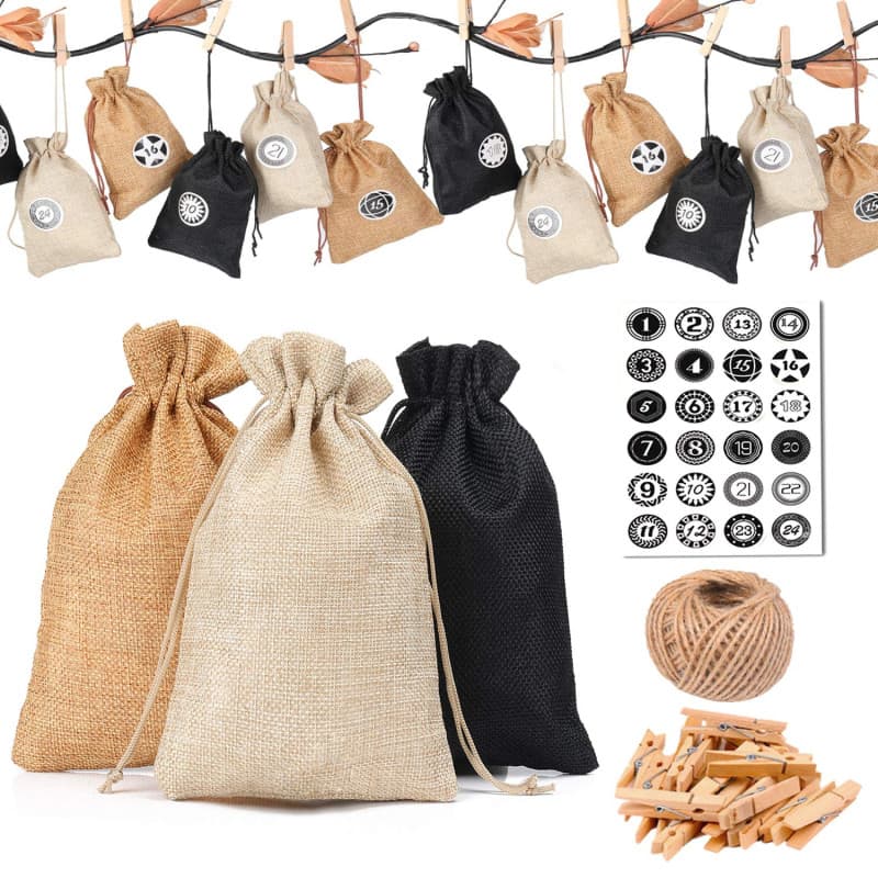 KATELUO 24 Calendrier de l'Avent-Sac en Tissu,24 Numérique Autocollants,DIY Noël Cadeaux Sacs à,Pendentifs de décorations Sacs,