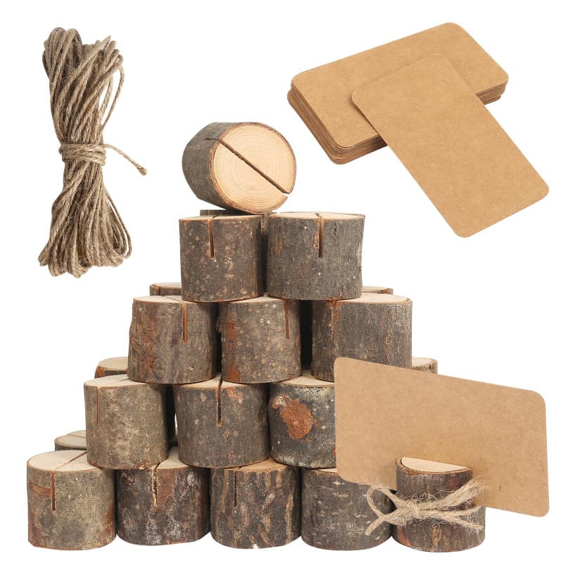 30 Pièce Porte Carte en Bois Porte Menu Mariage Support Menu avec 30 Cartes Papier + 10m Corde Jute Marque Place Bois Stands en