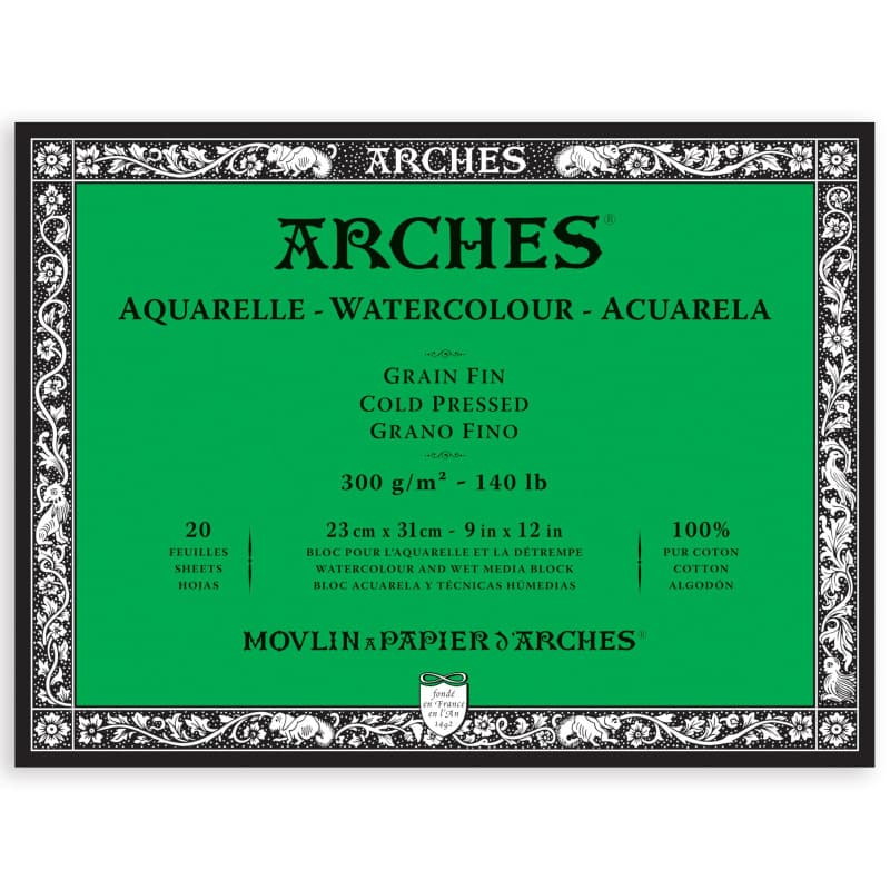 ARCHES Aquarelle - Bloc 20 feuilles 23x31 collé 4 côtés - 300g/m² - grain fin, blanc naturel, 4 bords francs