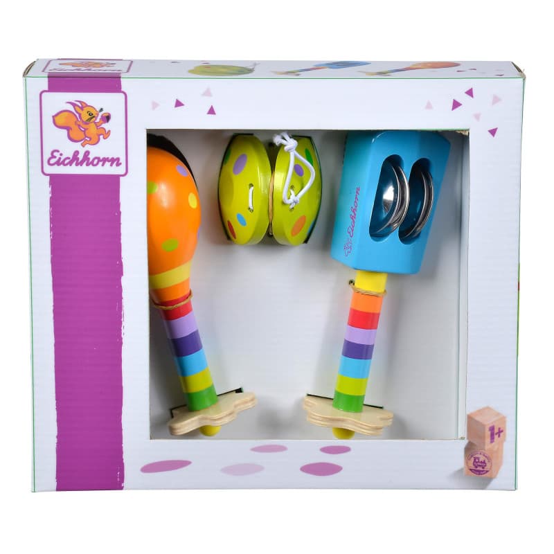 Eichhorn 100003484 Kit Musical Comprenant hochet, Maracas et castagnette, Instruments de Musique colorés en Bois, 3 pièces, à pa