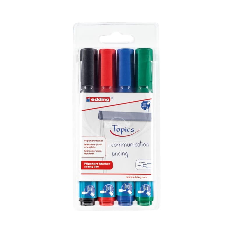 edding 380 Marqueur pour chevalets - étui de 4 - noir, rouge, bleu, vert - pointe ronde 1,5-3 mm - marqueur pour écrire, dessine